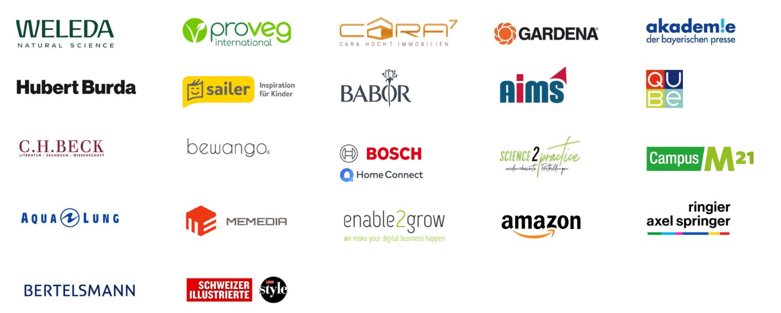 Referenzen: Weleda, ProVeg, Cara Hoch7, Gardena, Akademie der Bayerischen Presse, Hubert Burda, Sailer, Babor, AiMS, QUBe, C.H. Beck, bewango, Bosch, Science2Practice, Campus M21, Aqua Lung, memedia, enable2grow, Amazon, Ringier Axel Springer, Bertelsmann, Schweizer Illustrierte